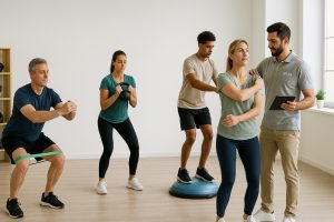Fisioterapeuta guiando un entrenamiento en grupo reducido; corrige a una mujer mientras otros hacen sentadillas, kettlebell y equilibrio en BOSU en una clínica luminosa.